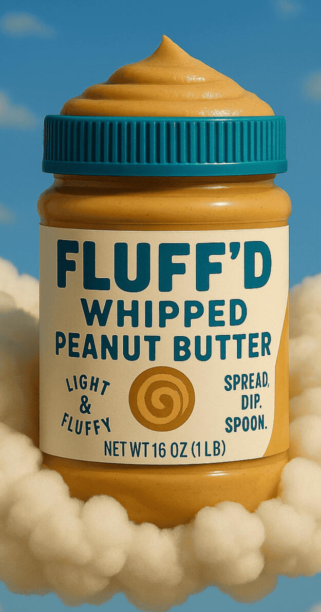 FLUFF'D Whipped Peanut Butter Jar of FLUFF'D whipped peanut butter, similar to Jif Whips whipped peanut butter and Peter Pan whipped peanut butter.